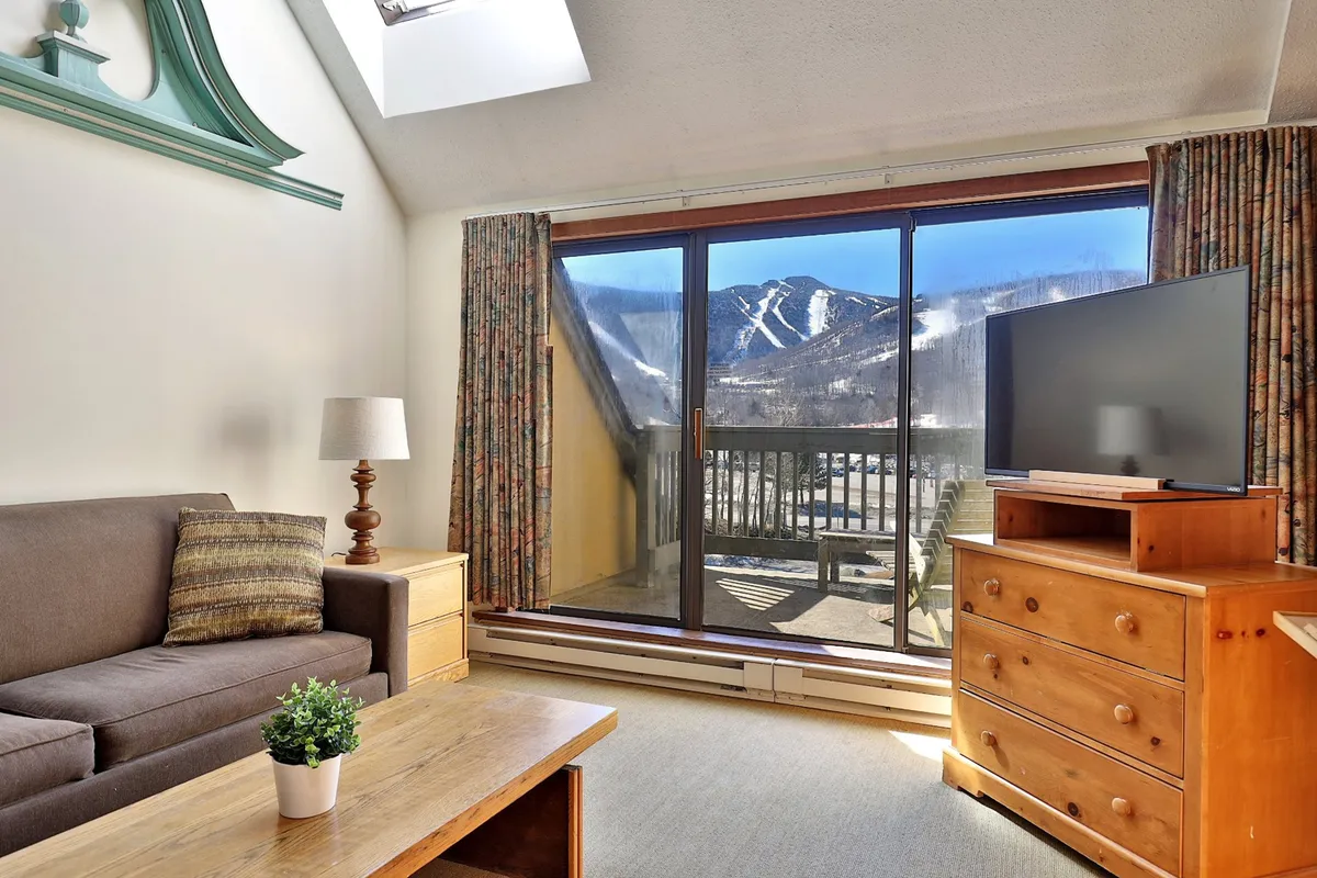A living area featuring a large window with striking mountain scenery, a comfortable couch, a television, and a wooden dresser. Natural light fills the space, emphasizing the open-plan layout and the seamless indoor-outdoor connection.